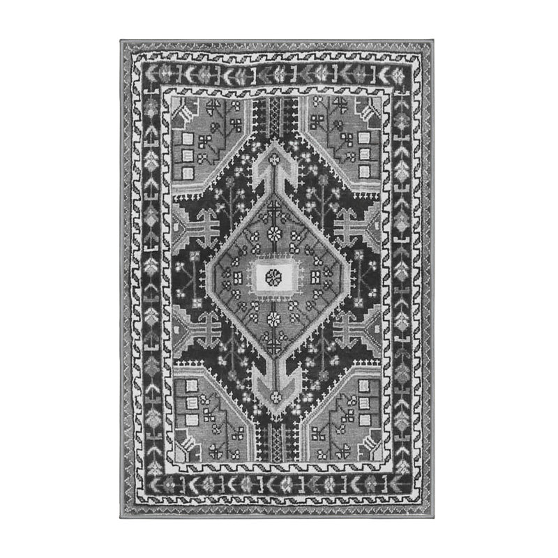 Tapis oriental gris / noir / blanc en polyester tissé à la machine Metty, Rectangle 5 pi x 7 pi