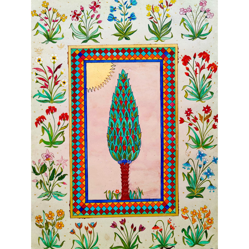 Motif de cyprès et de fleurs | Pigments de pierre sur feuille de wasli | Par Harsh Rastogi