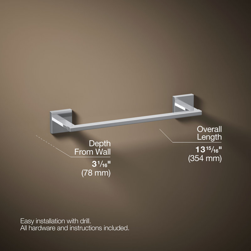Square Towel Bar, 12"W, Polished Chrome