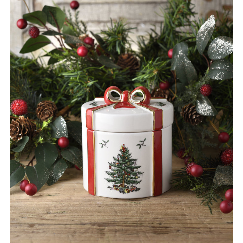 Christmas Tree Lidded Gift Box Present, 5.25" H x 5" W x 4.5" D, Red