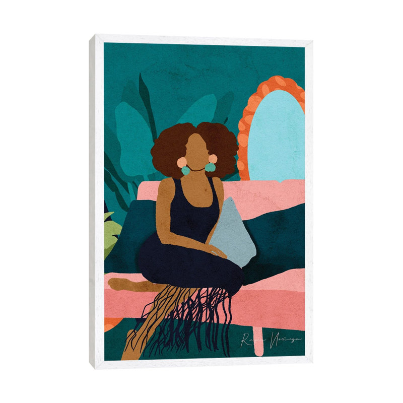 On My Couch by Reyna Noriega - Painting on Canvas, 66.04 cm H x 45.72 cm W, White Framed Canvas