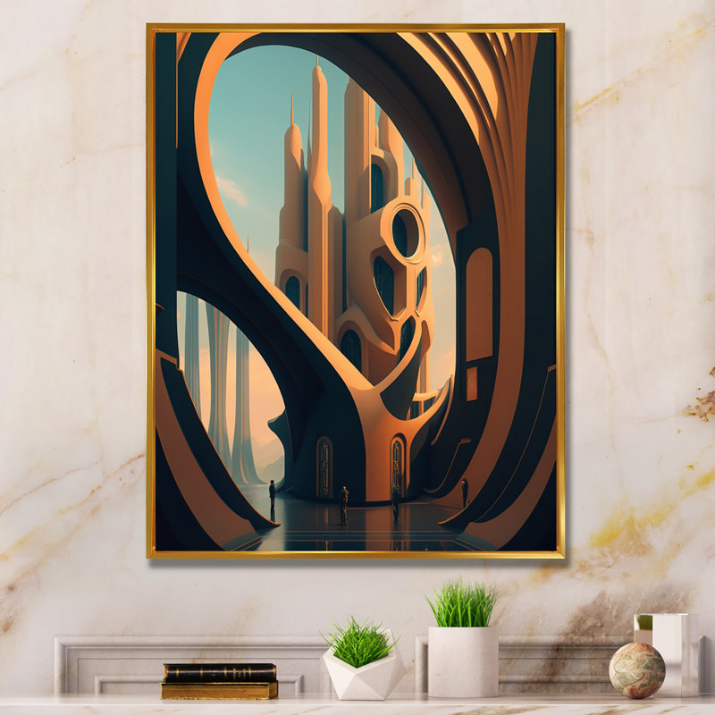 Futuriste bâtiment architectural V - reproduction sur toile, L 12 po x H 20 po, Toile avec cadre flottant or