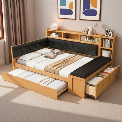 Comfortable Daybed With Trundle, Storage Shelves, Bench, Charging Station And Upholstered Headboard