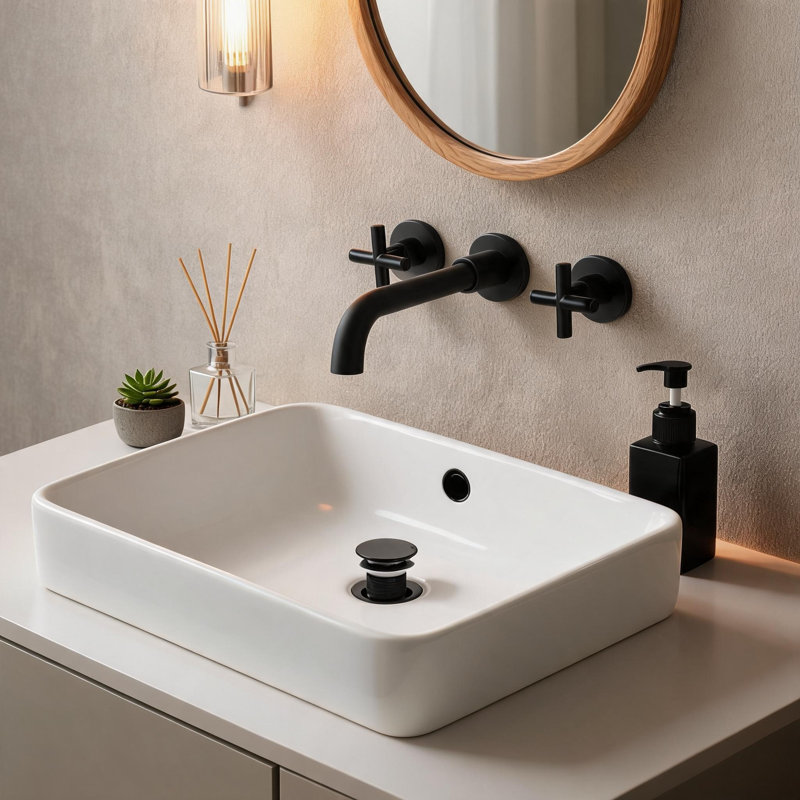 Robinet de lavabo de salle de bain mural en laiton noir mat à deux poignées avec bonde escamotable