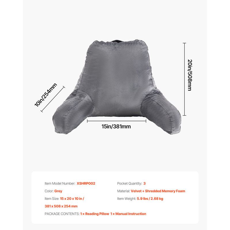 Coussin de lecture, coussin de lit de taille standard avec mousse à mémoire de forme déchiquetée, coussin de dossier avec 3 poches et tissu de velours court lavable, plateau avec poignée, pour regarder la télévision, lire, jouer, se reposer, gris
