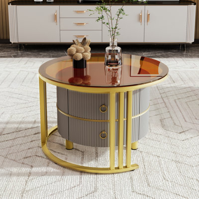 Round Nesting Coffee Table Set 2 Drawers Glass High Gloss Top Metal Legs Side End Units Living Room Base, Grey & Brown