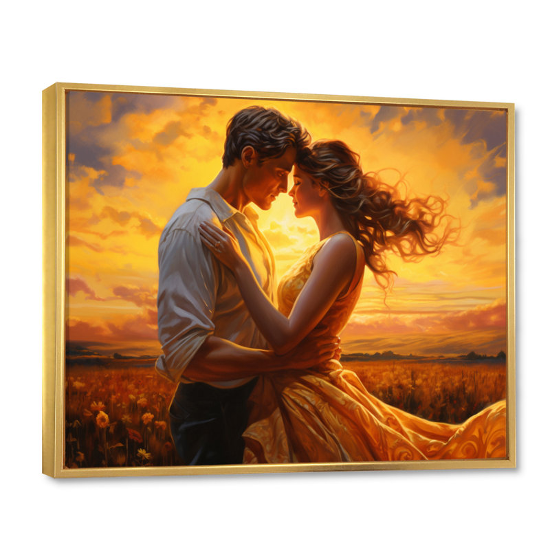 Kayzlyn, Couple romantique, paysage, Étreinte lumineuse II, Cadre flottant doré, H 30 po x l 40 po x P 1,5 po