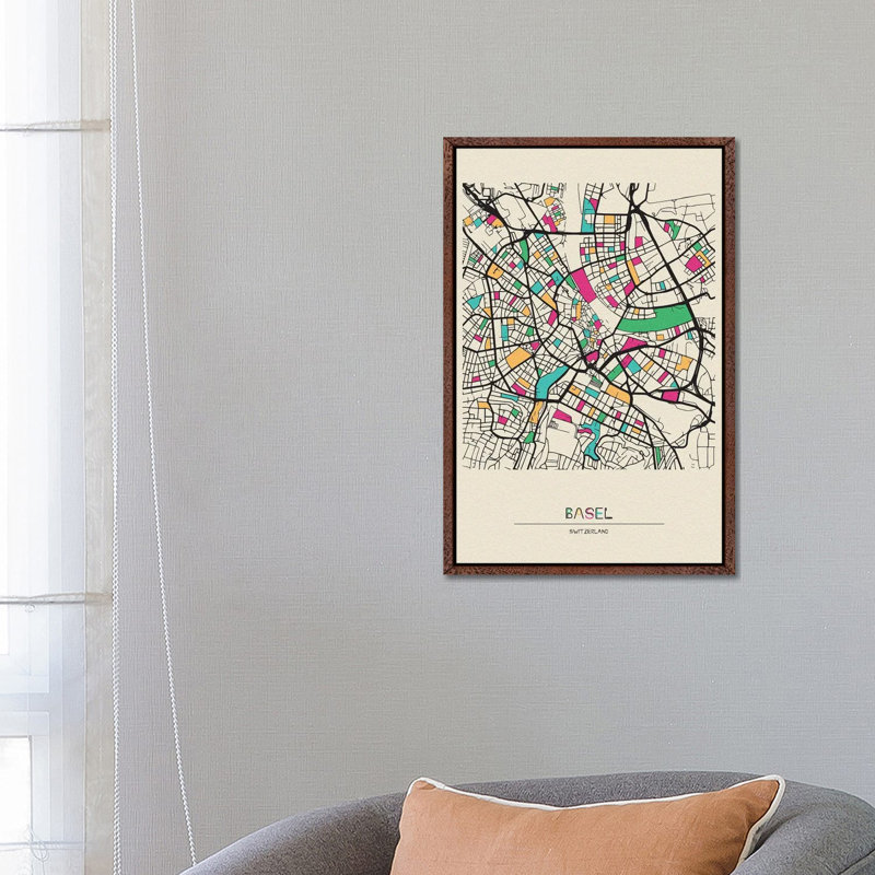 Basel, Switzerland Map 1 Piece Wall Art on Canvas, 66.04 cm H x 45.72 cm W, Brown Floater Frame