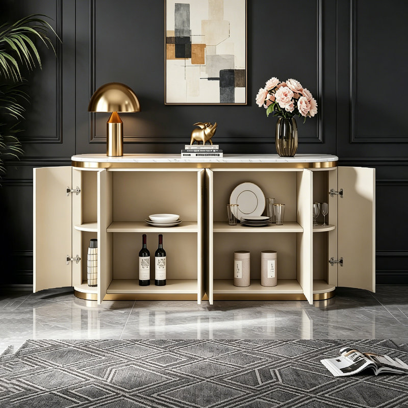 Italian-style modern elliptical sideboard, 35.43" H x 55.12" W x 15.75" D, Beige