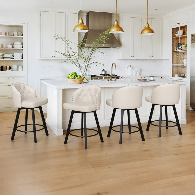 26" Swivel Upholstered Counter Stool With Diamond Button-Tufted Backrest Faux Leather Counter Stool, Metal Legs, Retro Upholstered Barstools For Kitchen Island, Home Bar, Pub