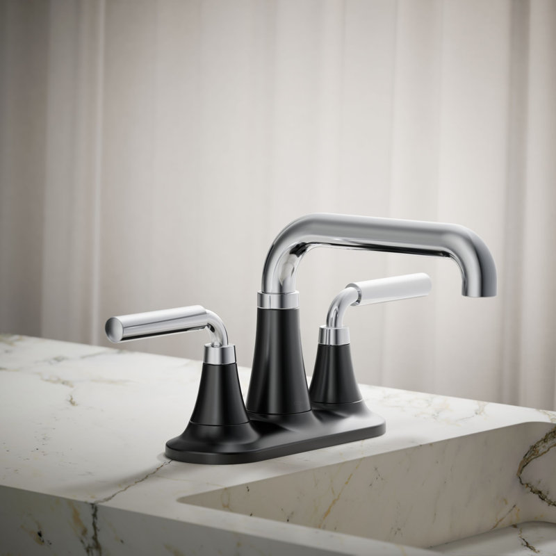 Robinet de lavabo de salle de bain central à deux poignées Tone avec drain de clic, 1,2 gal / min, Noir mat / Chrome poli