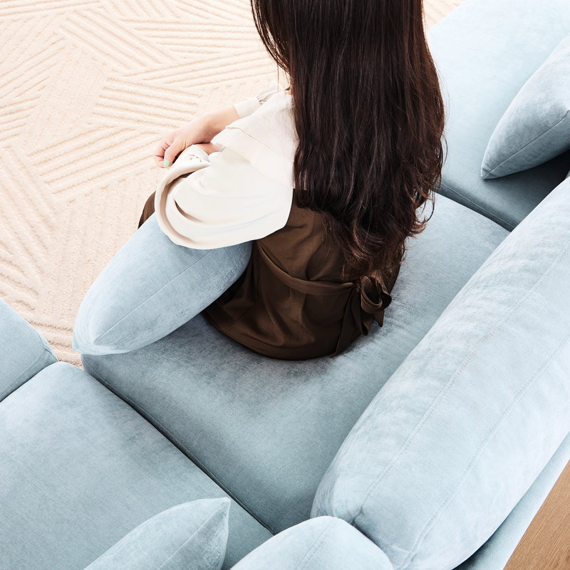 Chenille à trois places bleu ciel, 3 repose-pieds mobiles, conception ergonomique, éponge à haute résilience, base en bois, assise confortable bleu avec revêtement, coussin lombaire, coussins, modulaire
