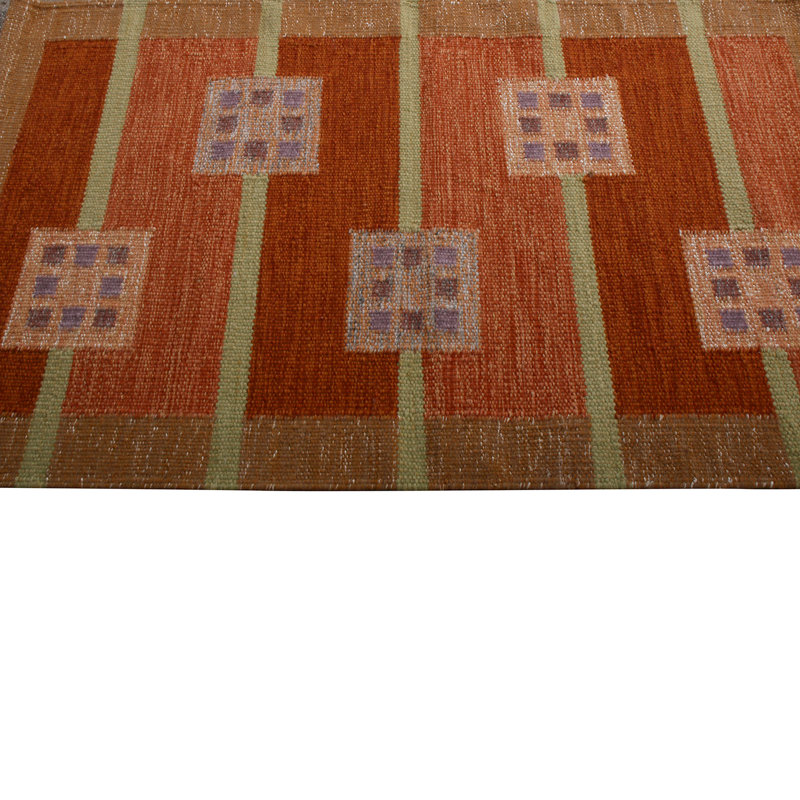Rug & Kilim’S Scandinavian Style Geometric Red Orange And Green Wool Kilim, Rectangle 14' x 20'