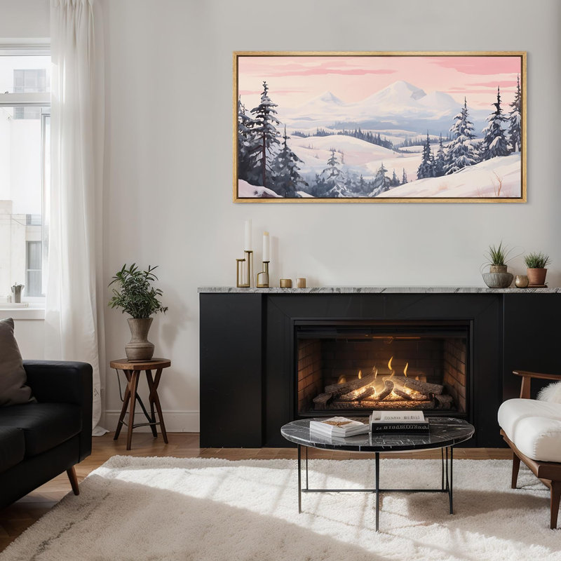 «Winter», neige recouverte de pin et montagnes, impression sur toile de style rustique moderne, H 30 po x l 60 po, Naturel