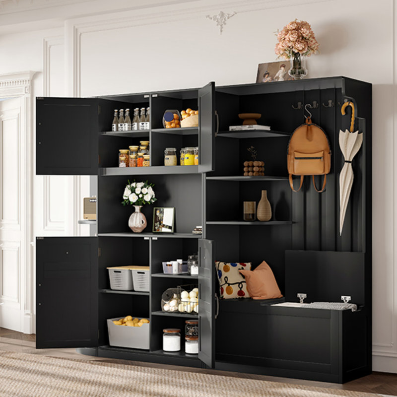 Multifunctional Left-Right Combination Hall Cabinet (Can Be Used Separately) With Storage And 4 Hooks, Storage Cabinet/ Hall Tree 2 In 1 For Living Room, Kitchen And Hallway