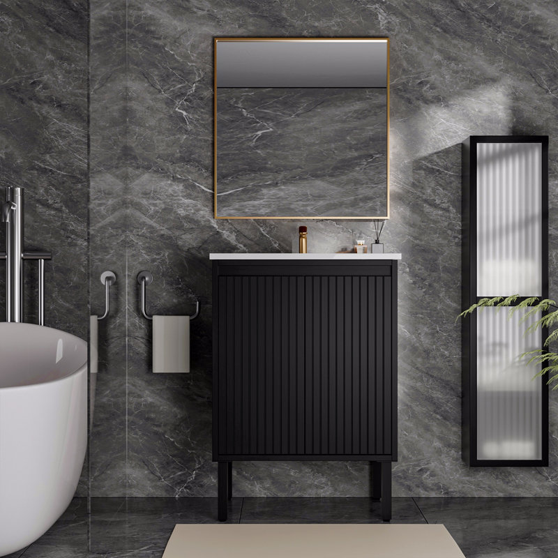 Meuble-lavabo de 24 po avec lavabo, structure autoportante pour la stabilité, portes à fermeture douce pour un fonctionnement silencieux, finition en chêne élégant pour une esthétique moderne (lavabo blanc)