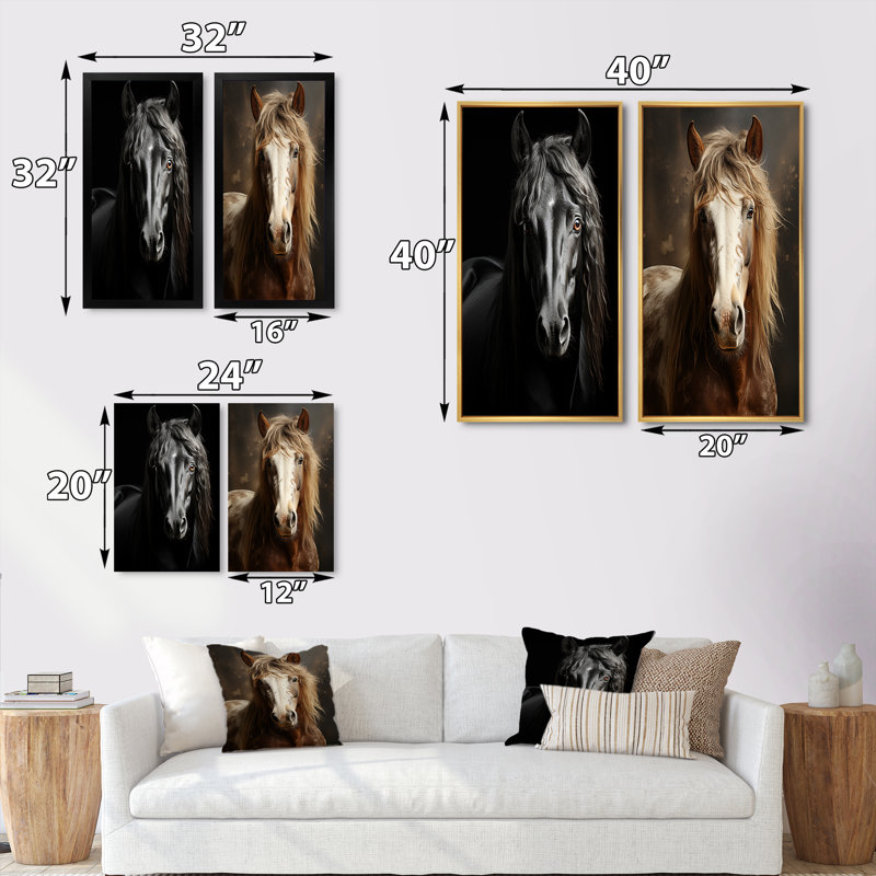 «Black White Horse Portrait Vibrant» - 2 pièces, Encadrement brun, H 40 po x l 40 po