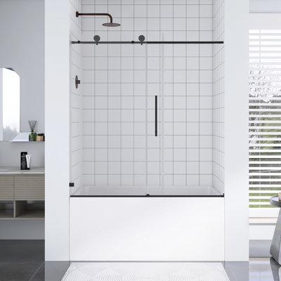 55-60 In. W × 63 In. H Frameless One Fixed And One Shifted Shower Door In Matte Black | 5/16" 8MM Tempered Glass With Stick Explosion-Proof Menbrance |  70MM 304 Stainless Steel Large Pulleys With Adjustable Soft Closing Function