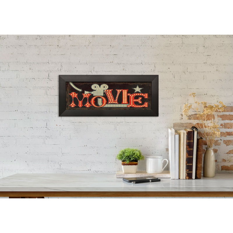 « movie lights ii », art textuel, H 20 po x l 8 po x P 0,75 po, Papier avec cadre noir