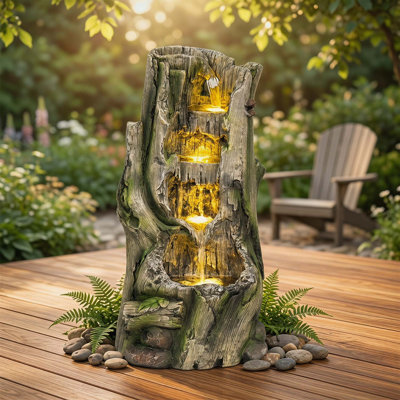 Fontaine d'eau d'extérieur 23,6 po, chute de souche d'arbre avec lumières DEL chaudes, fonction en cascade autoportante en résine pour jardin et patio