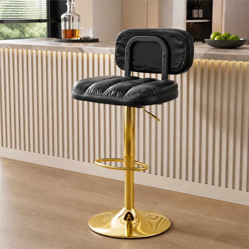 Ensemble de 2 tabourets de bar réglables en polyuréthane avec base et repose-pieds dorés, noir