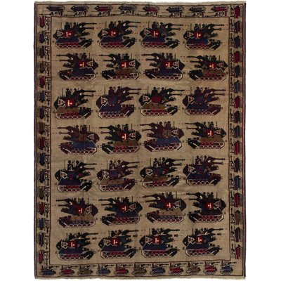 Tapis unique en laine noué à la main style Baluch des années 2010 de 6 pi 11 po x 9 pi beige / brun Areil