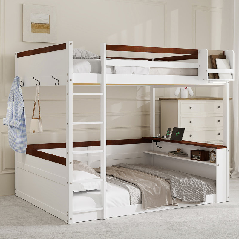 Lit superposé en bois avec tablettes intégrées, gris