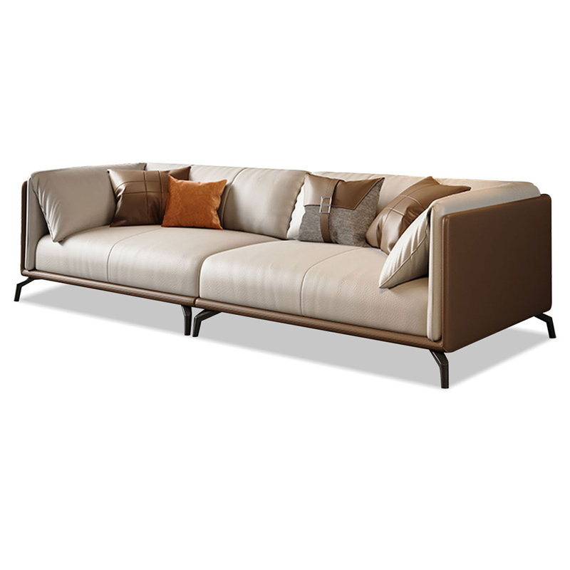 Khaki Genuine Leather Modular Sofa cushion couch, Brown/Khaki, 3, 28.35" H x 102.36" W x 37.01" D