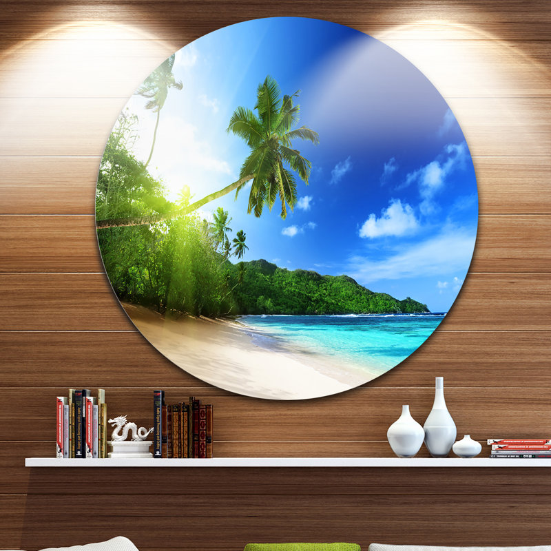 «Sunset Beach with Palm», reproduction de photo sur métal, H 28 po x l 48 po, Métal