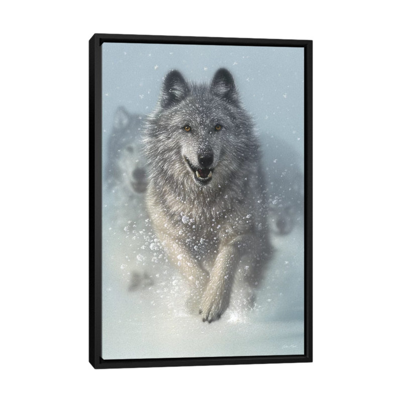 Chasse-neige - loups qui courent, vertical, H 26 po x l 18 po x P 1,5 po, Toile avec cadre noir