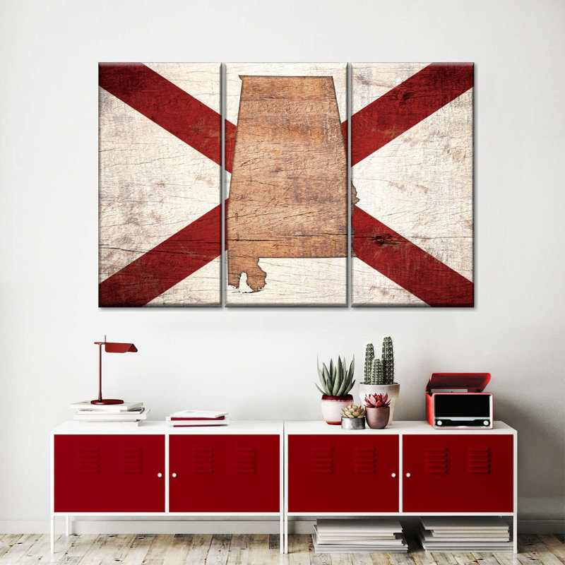 " State Map Over Alabama Flag " by Echoes Of America 3 - Pieces, 24" H x 38" W x 1.25" D