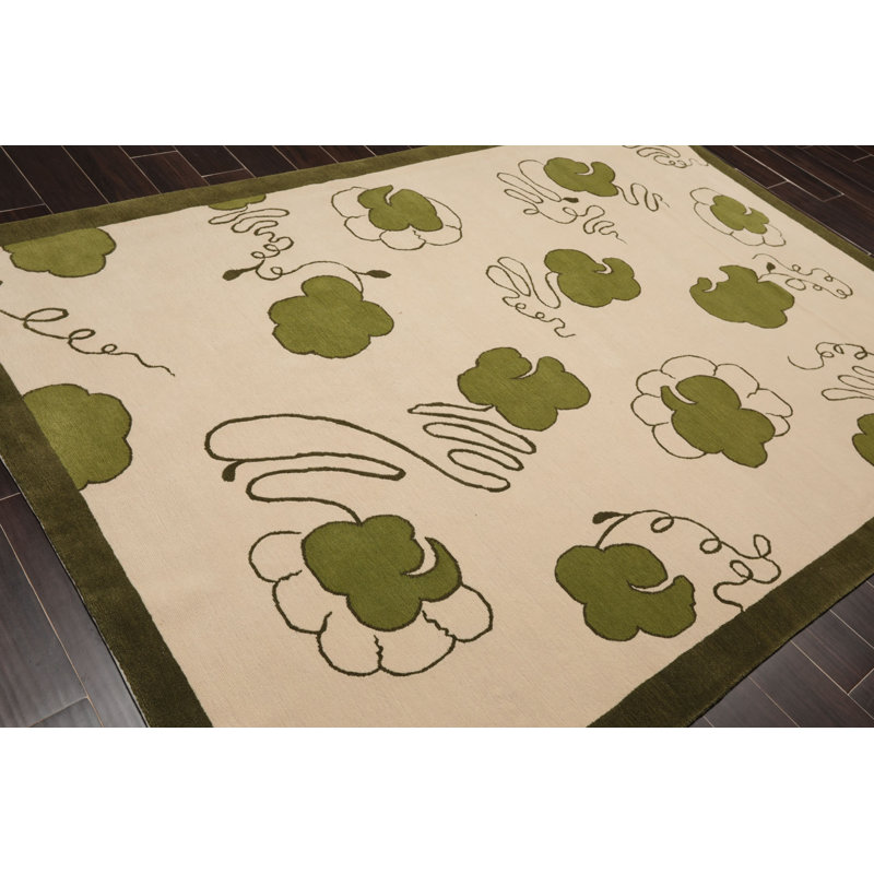 Tapis beige / vert en laine noué à la main de conception unique 6 pi x 9 pi Demi-Lee