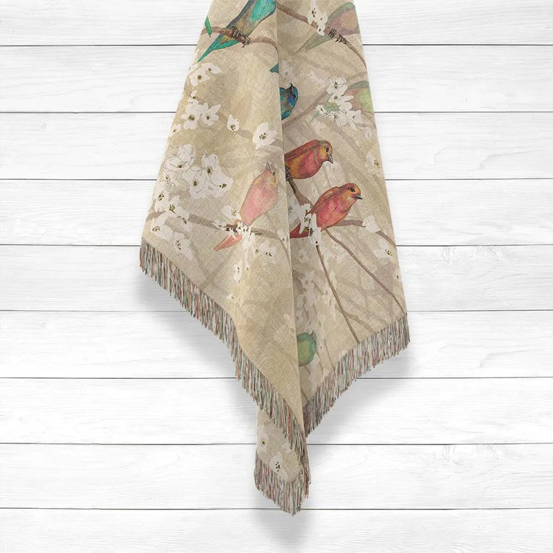 Birds and Blossoms Beige Cotton Machine Washable Throw Blanket