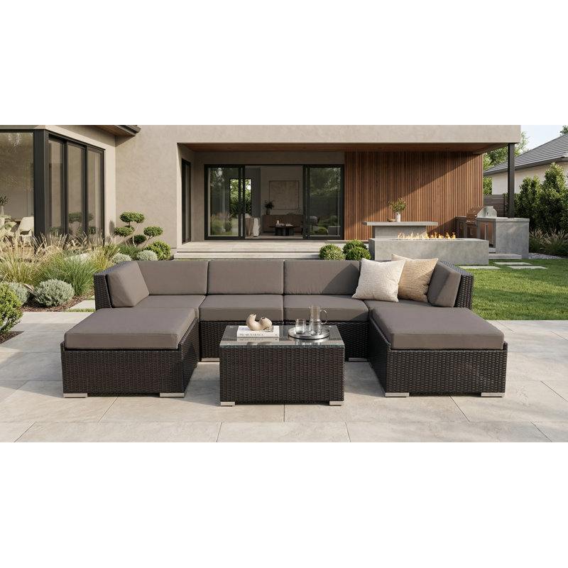 Billyjo Wicker 4 - Person Seating Group with Cushions - No Assembly, Canvas Taupe Sunbrella® Canvas, Black