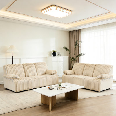 Canapé 6 places en velours côtelé beige, inclinable à la main, idéal pour les petits espaces, avec assise haute et rembourrage en mousse.