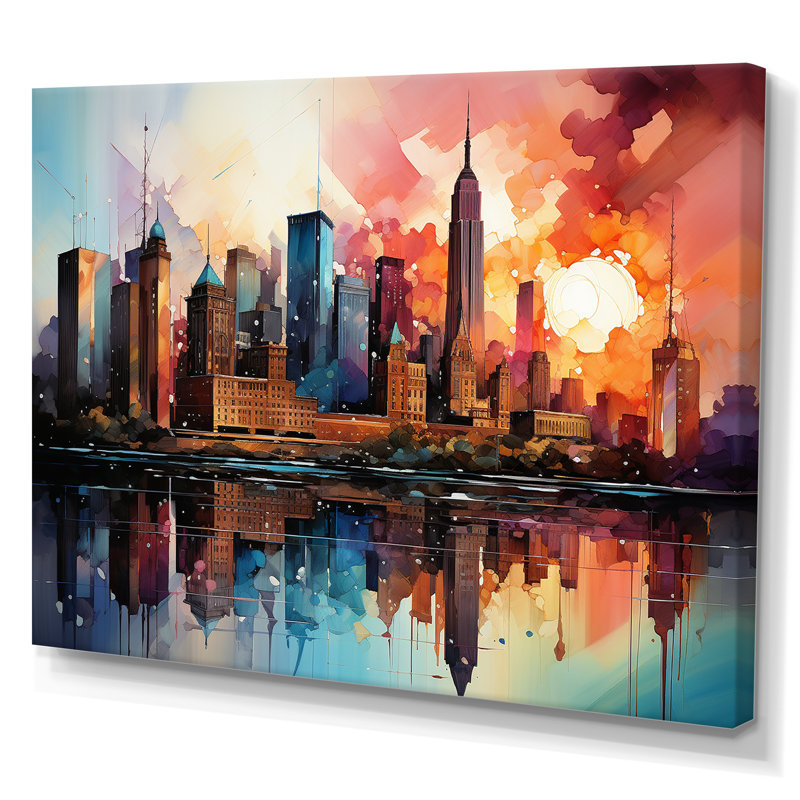 Skyscrapers Sunrise City, reproduction d'art sur toile, Toile tendue, H 34 po x l 44 po