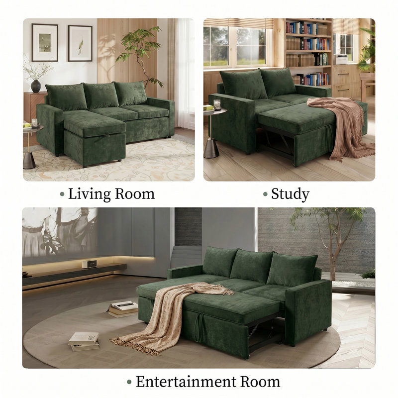 L-Shaped Sleeper Sectional Sofa with Pull-out Bed and Storage Chaise, Green