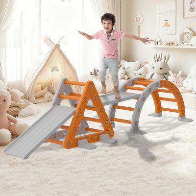 Gray Orange Toddler Climbing Toys Indoor Triangle Set with Arch, Ramp & Slide Climbing Playset for Kids