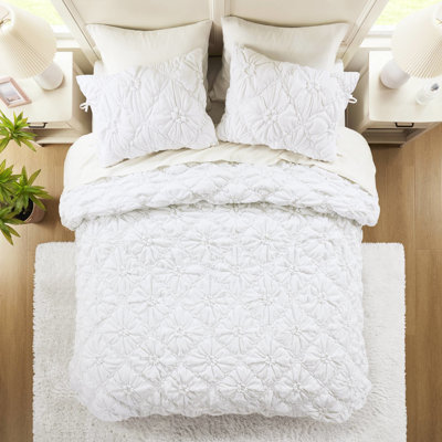 3 pièces d'édredon en microfibre double / grand, capitonné à motif floral, broderie décontractée, ruché élastique, rembourrage léger, confort toutes saisons, coffre-fort et facile à entretenir de 3 pièces, motif texturé,