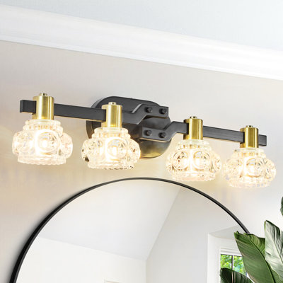 Applique murale à 4 branches avec abat-jour en cristal transparent, structure en fer noir, éclairage rétro pour salle de bain et garde-robe, éclairage lumineux et écoénergétique, installation facile, finition en fer vintage, pour meuble-lavabo, efficace et simple.
