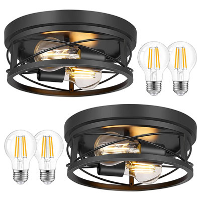 Plafonnier encastré à 2 lumières, noir mat, forme ronde, style industriel/ferme, homologué UL, culot E26, hauteur sous plafond de 27 cm (10,62 pouces), idéal pour couloir, cuisine, chambre, hall d'entrée, 4 ampoules à intensité variable incluses.