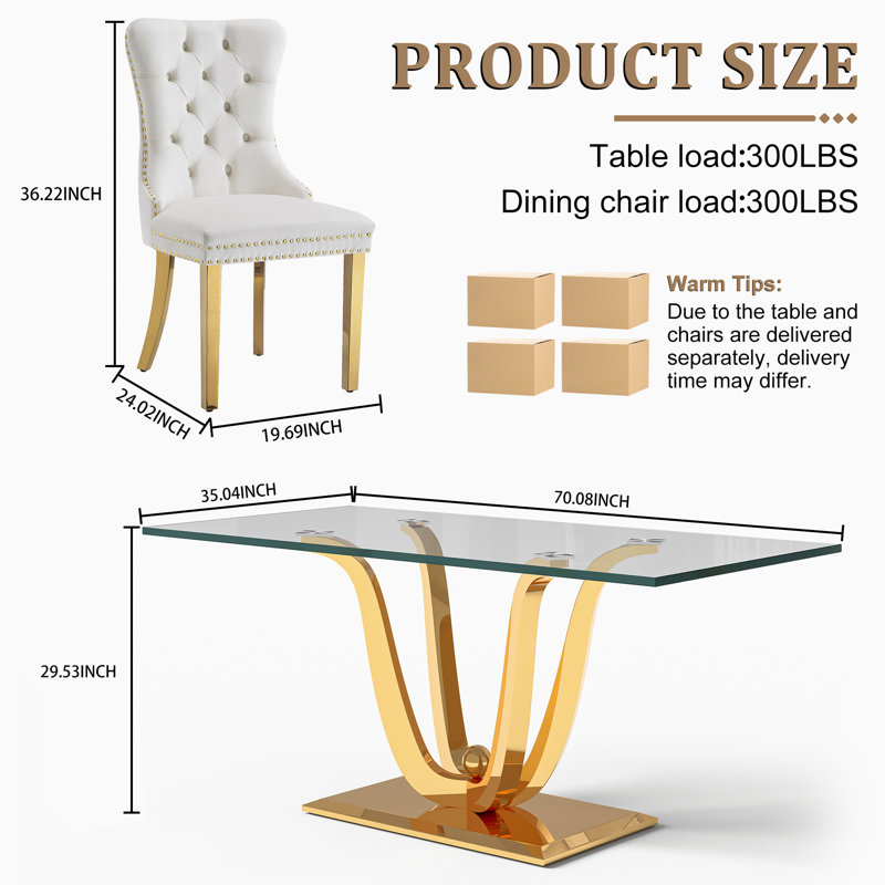 Glass Top Metal Base Dining Table With 6 Velvet Dining Chairs,7 - Piece Pedestal Dining Set, Gold, White