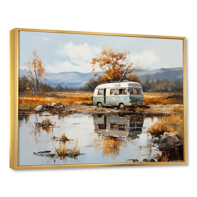 Charme de van de camping - Art mural de salon de camping, H 24 po x l 32 po x P 1 po, Cadre flottant doré