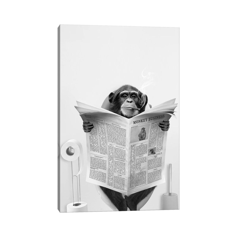 Singe sur la toilette lisant le journal - reproduction d'art murale encadrée, H 18 po x l 12 po, Toile tendue