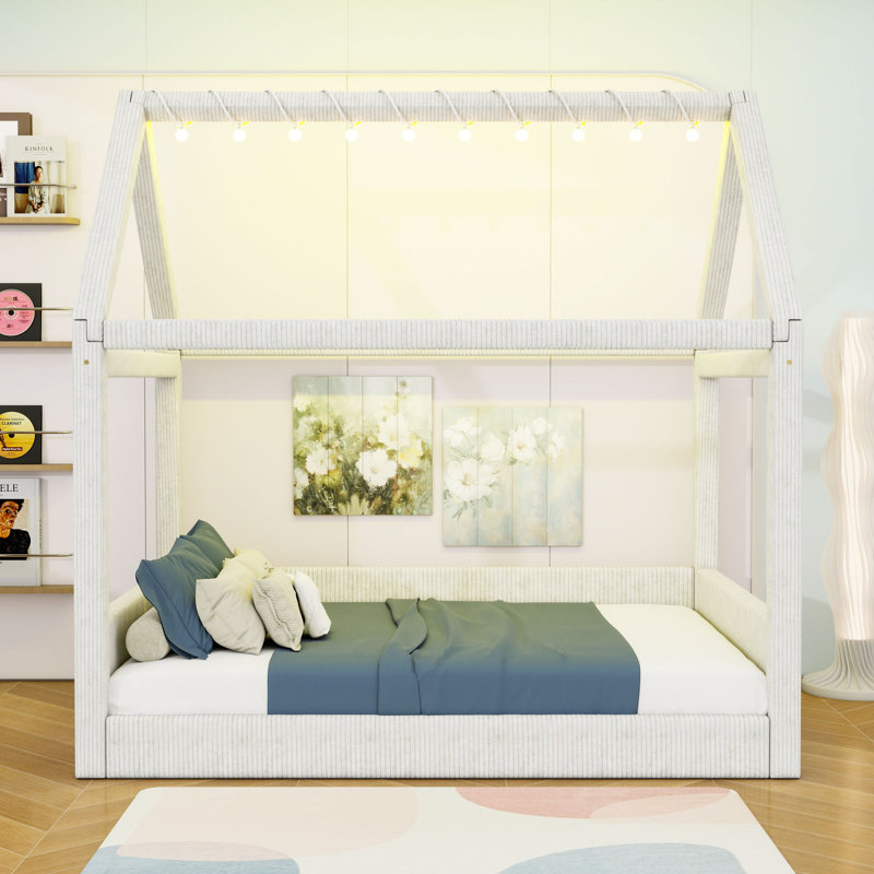 Full Size Upholstered Daybed with LED Light Strips, Beige