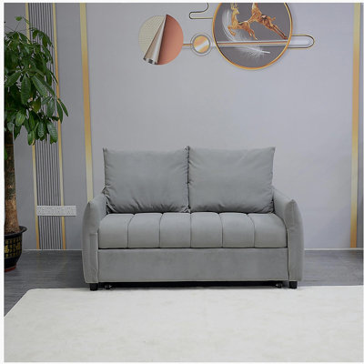 Convertible Sleeper Sofa Bed, Loveseat Sofa Bed with Pull-Out Bed, Adjsutable Back, Velvet Fabric Sofa with 2 Side Pockets, 2 Pillows, for Living Room, Apartment, Light Gray
