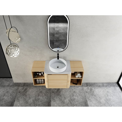 Meuble-lavabo mural de 48 po avec lavabo en céramique d'art, 2 espaces de rangement, fermeture en douceur, contreplaqué de qualité pour les charnières, qualité du matériau