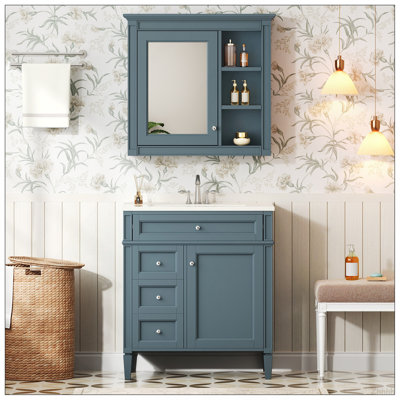 Ensemble de meuble-lavabo autoportant 30 po avec lavabo supérieur, meuble-lavabo moderne avec 2 tiroirs et tiroir basculant, meuble-lavabo autoportant avec miroir et meuble-lavabo simple