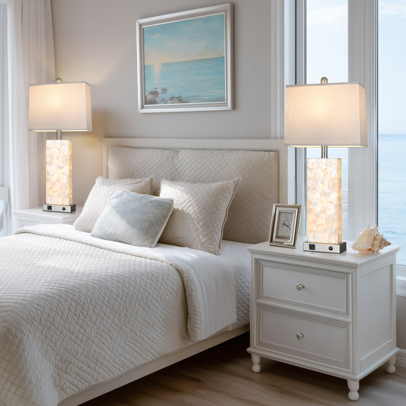 28” Elegant Shell-Inspired Table Lamp with USB Charging Ports, LED Bulbs and Nightlight, Nickel