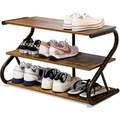 Étagère à chaussures en bois pour entrée, tablette de rangement en forme de S à 3 niveaux, organisateur de chaussures pour porte d'entrée, brun rustique, étagères robustes en métal et en bois
